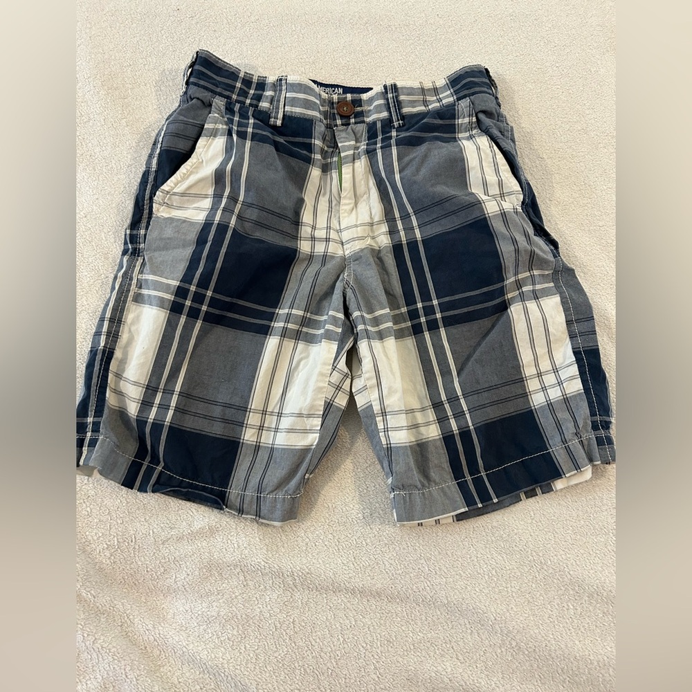 American Eagle Plaid Shorts Size 28 Blue Gray 9” Inseam Cotton